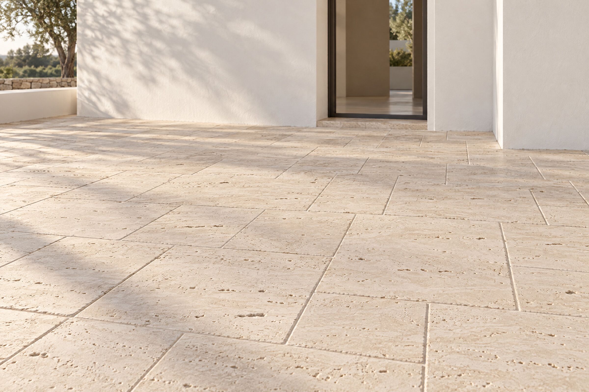 Illustration of a courtyard paved with tumbled travertine in a French pattern, in front of a white house.