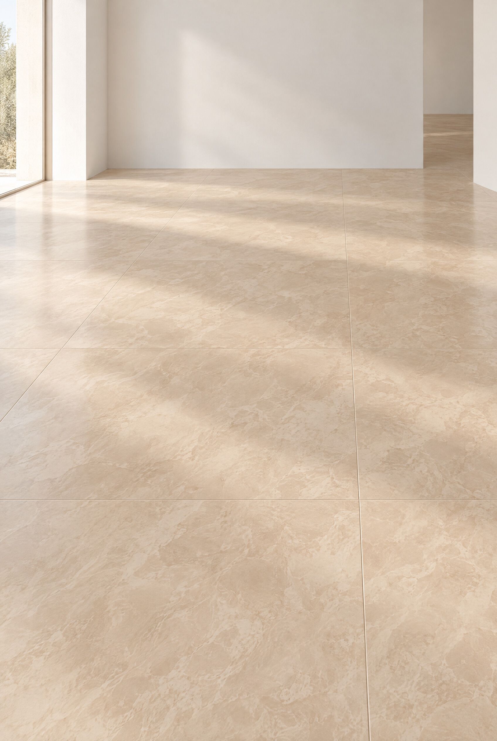 Illustration of a bright, empty room floored with large Akhisar Beige marble tiles, low sunlight across the floor.