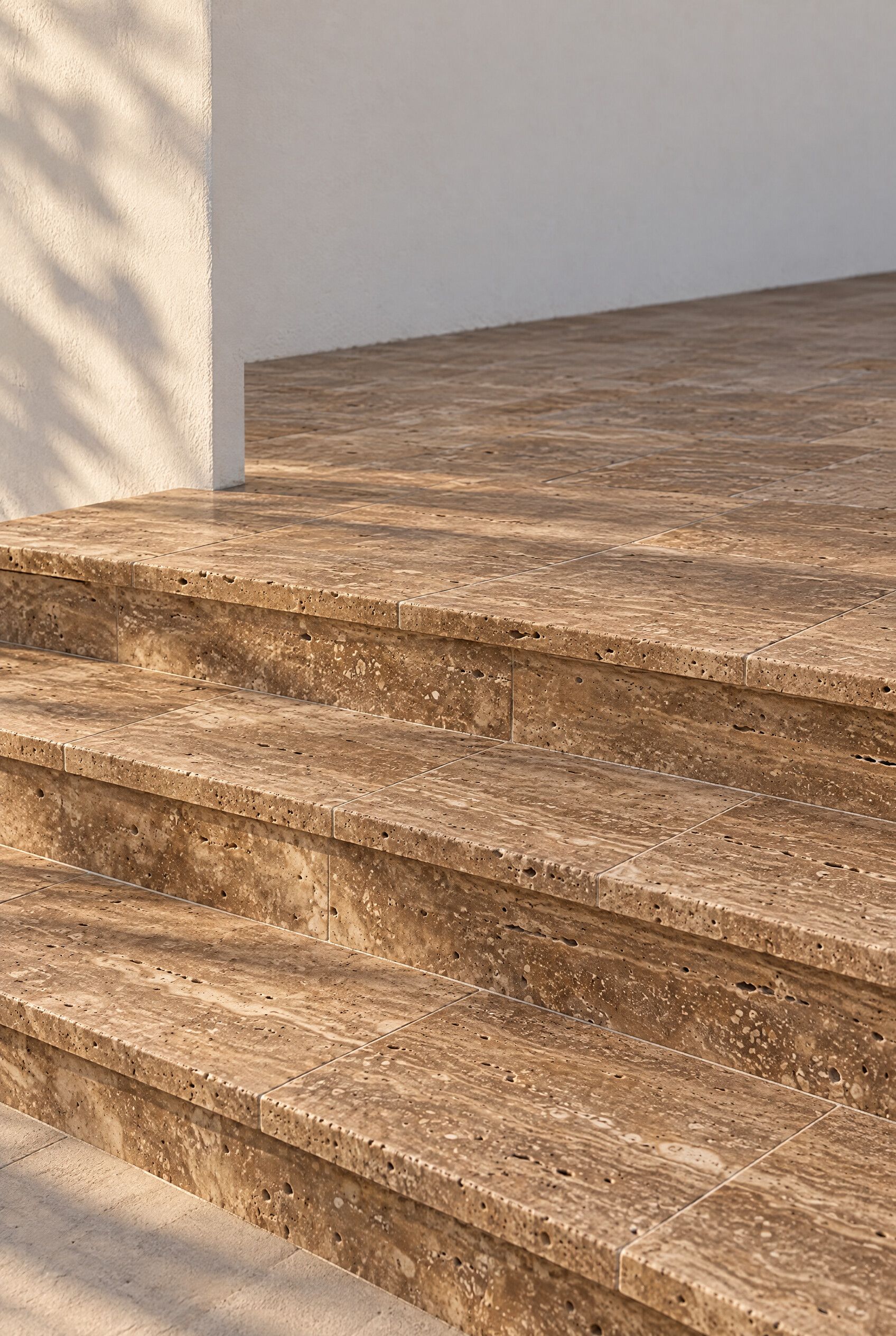 Illustration of Noce travertine steps, the treads with rounded edges, beside a white wall.