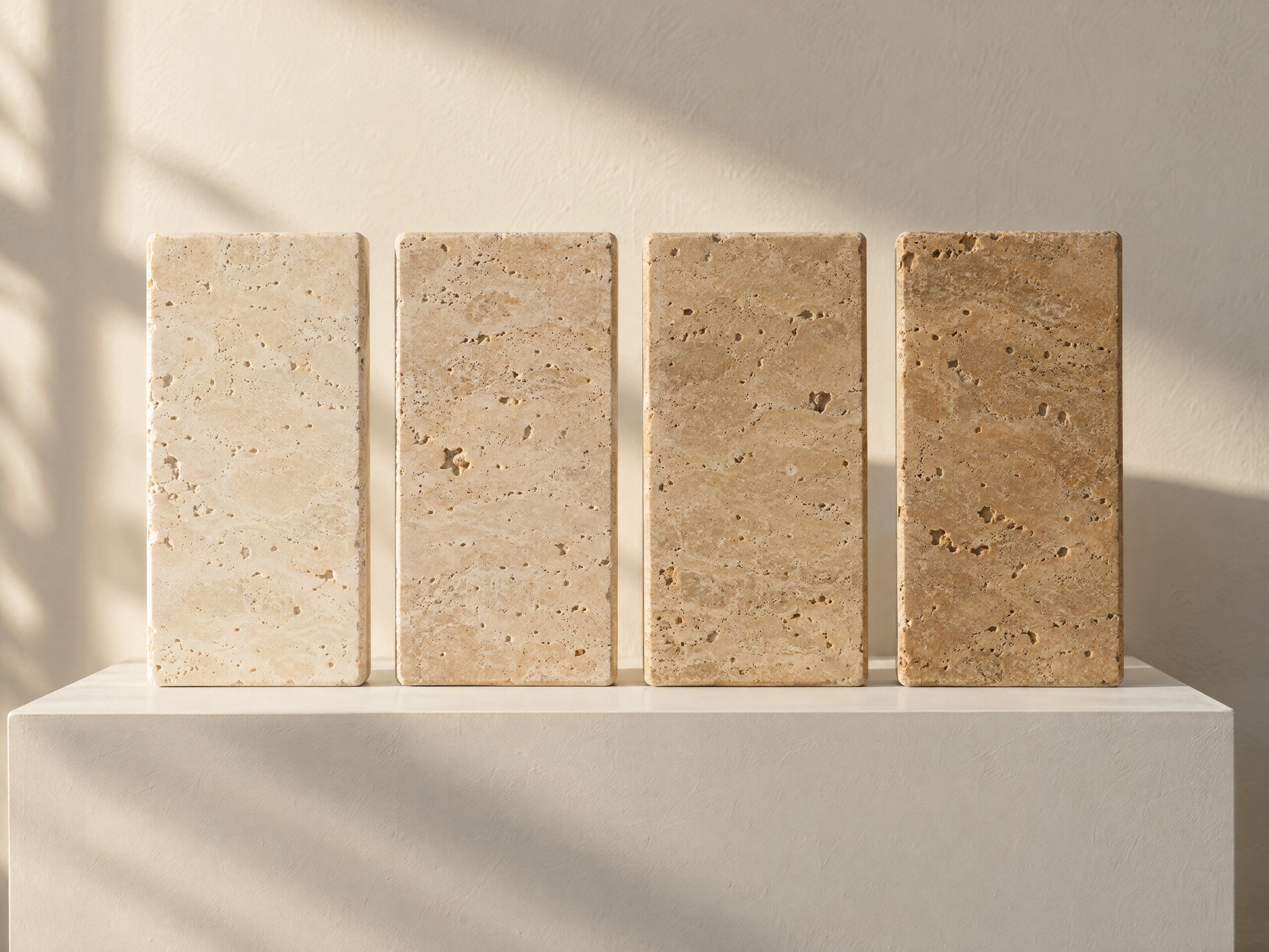 Illustration of four tumbled travertine pieces of one selection standing on a white plinth, from pale cream at the left to warm tan at the right.
