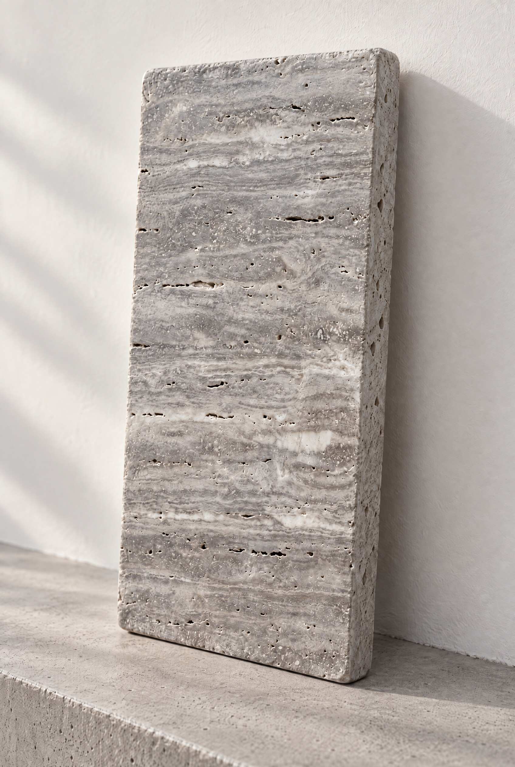 Illustration of a tumbled travertine paver in Silver, leaning against a white wall on a concrete step.